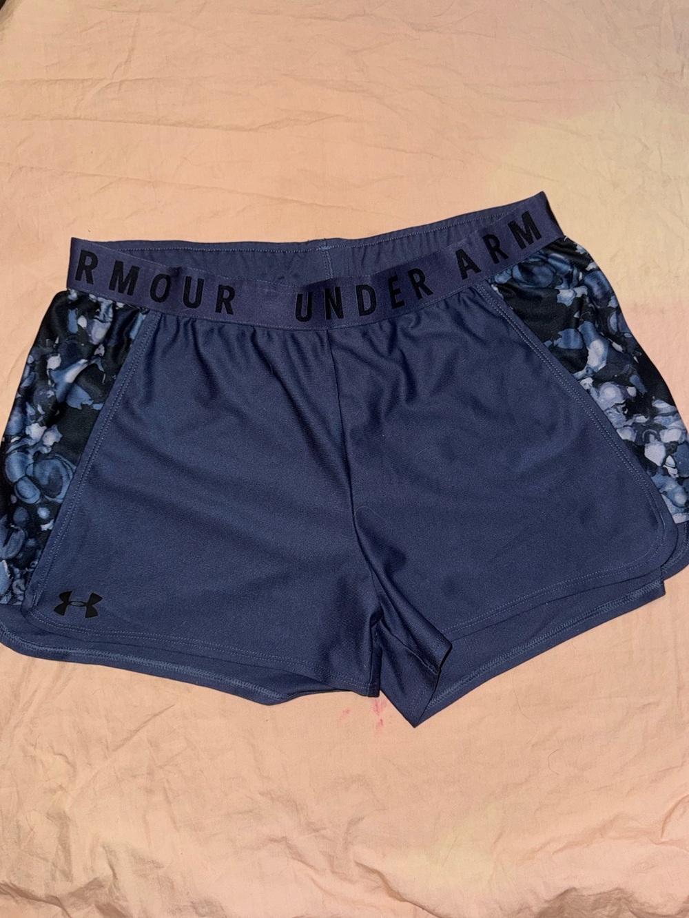 Under Armour Women's Dark Blue Athletic Shorts with Patterned Side Panels